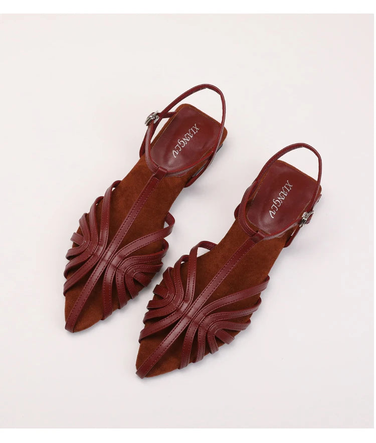 Sandals Summer Low Heel Ankle Strap Buckle Sandals Pointed Toe Hollowed Out T-strap Sandal