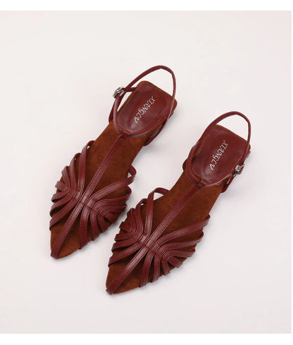 Sandals Summer Low Heel Ankle Strap Buckle Sandals Pointed Toe Hollowed Out T-strap Sandal