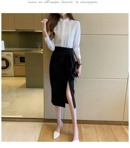 Long Sleeve Chiffon Blouse Shirt Women V-Neck-  Office Lady Blouse