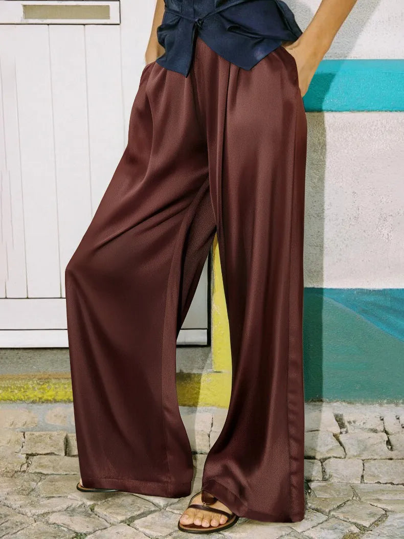 Luxury Wide Leg Baggy Satin High Waist Pants For Women Trousers With Pockets