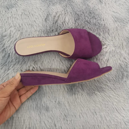 Elegant Summer Slippers 3cm Velvet Mules Wedge Sandals Slippers Open Toe High Heels Casual Dress Woman Shoes Plus Size