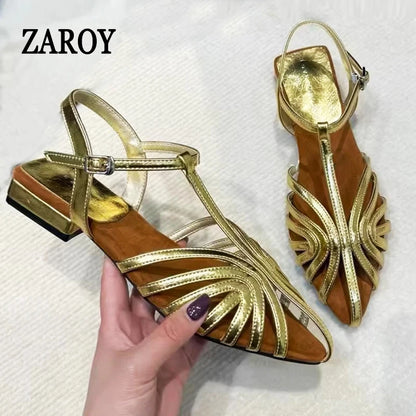 Sandals Summer Low Heel Ankle Strap Buckle Sandals Pointed Toe Hollowed Out T-strap Sandal