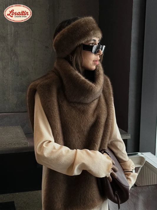 Chic Brown Faux Fur Vest Women's Casual Loose Fit Sleeveless Winter Warm Crop Waistcoat Lady High Street Thick Outerwear 2026