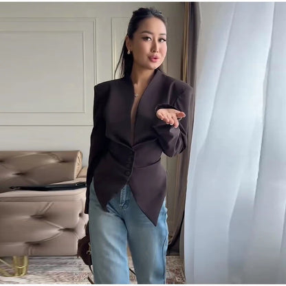 Casual Office Women's Blazer Jacket Pleated Waist Cinched Tie Up Long Sleeve Tops Elegant 2026 Spring Female Outerwear Outfit