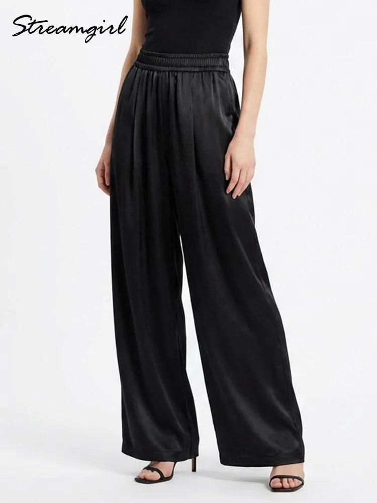 Luxury Wide Leg Baggy Satin High Waist Pants For Women Trousers With Pockets