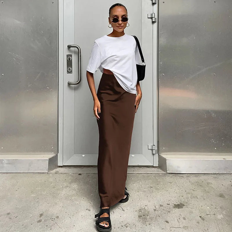 Elegant Long  Slim High Waist Satin Black Trumpet Skirts