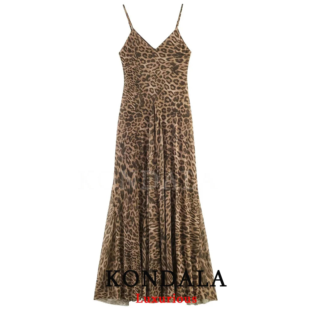 KONDALA Vintage Sexy Women Long Cami Chiffon Dress Leopard Beach Holiday Party Dress Fashion 2026 Spring Summer Elegant Dress