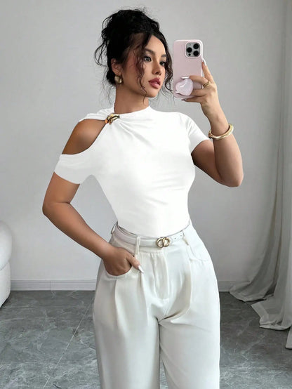 Asymmetrical Cold-Shoulder Fitted Top