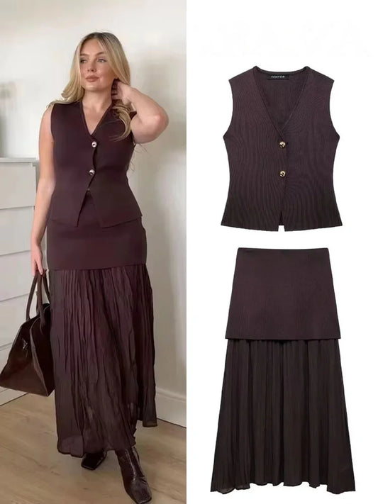 HH Women 2 Piece Set Chic V-Neck Sleeveless Button Knitted Vest Top+Splicing High Waist Side Zipper Ankle-Length Skirt