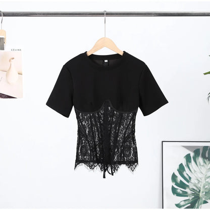 Fashion Floral Lace Fish-bone Patchwork Shirts For Women 2026 Spring New Chic Short Sleeve O-neck Blouse Lady Street Y2K Tops
