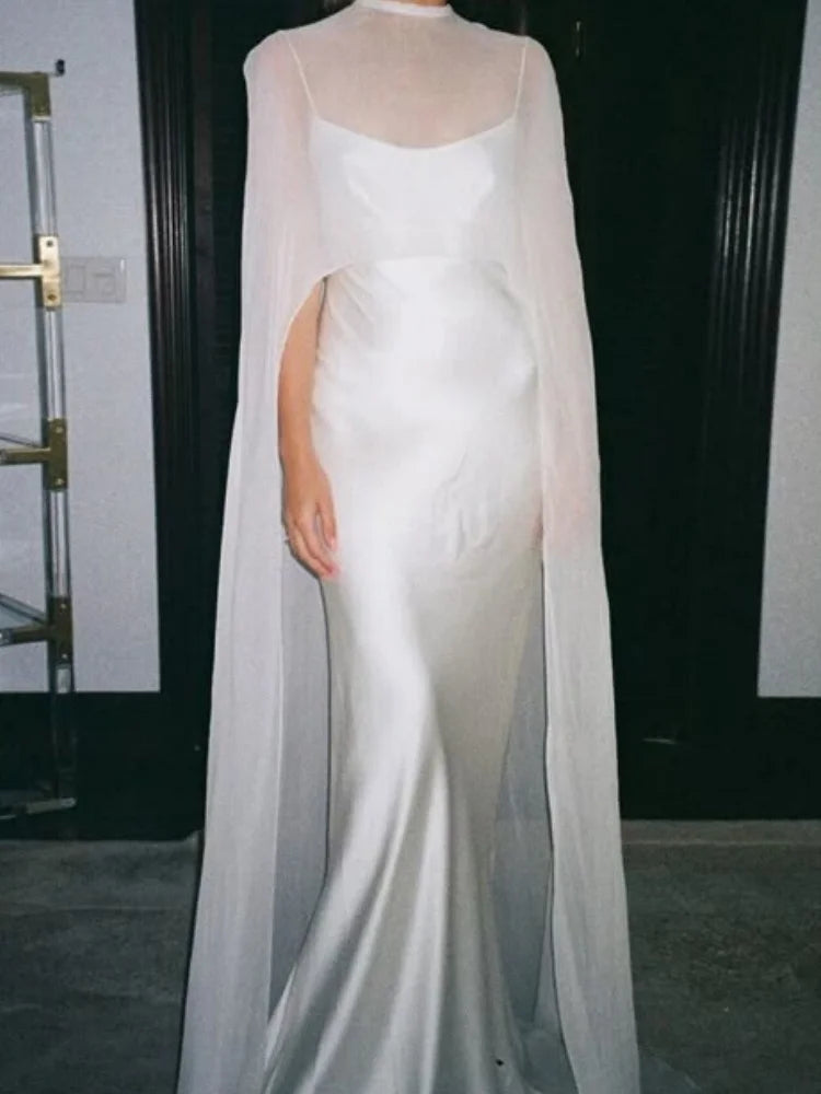 Women Chiffon Capelet Sheer Mesh Bridal Cape Shawl Wraps Asymmetrical High Low Flowy Wedding Party Cover Up Poncho