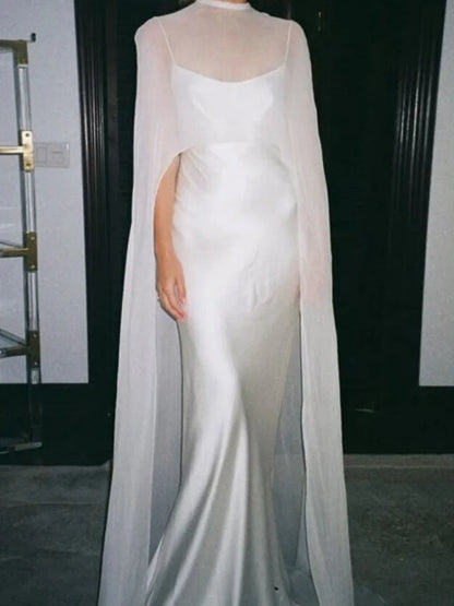 Women Chiffon Capelet Sheer Mesh Bridal Cape Shawl Wraps Asymmetrical High Low Flowy Wedding Party Cover Up Poncho