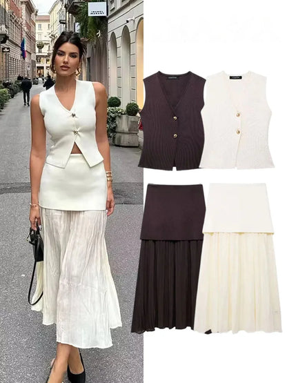 2 Piece Set Chic V-Neck Sleeveless Button Knitted Vest Top + Splicing High Waist Ankle-Length Skirt