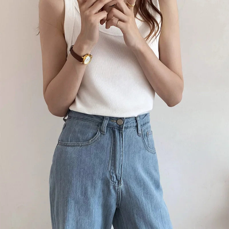 Summer Knitted Solid Color Tanks Top White Skinny Camisole Women Basic Camisole T-Shirt