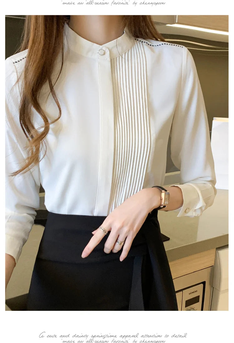 Long Sleeve Chiffon Blouse Shirt Women V-Neck-  Office Lady Blouse