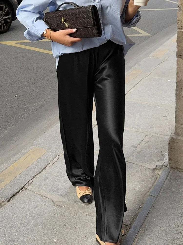 Luxury Wide Leg Baggy Satin High Waist Pants For Women Trousers With Pockets