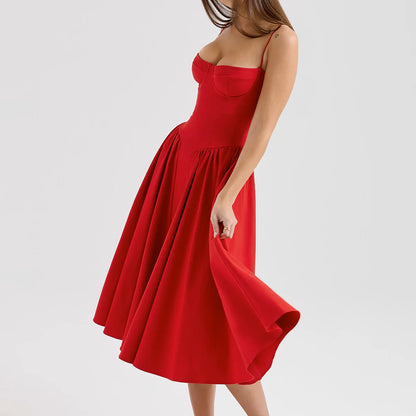 Sweetheart Spaghetti Strap  Fit and Flare Elegant Midi Dress