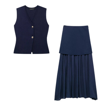 2 Piece Set Chic V-Neck Sleeveless Button Knitted Vest Top + Splicing High Waist Ankle-Length Skirt