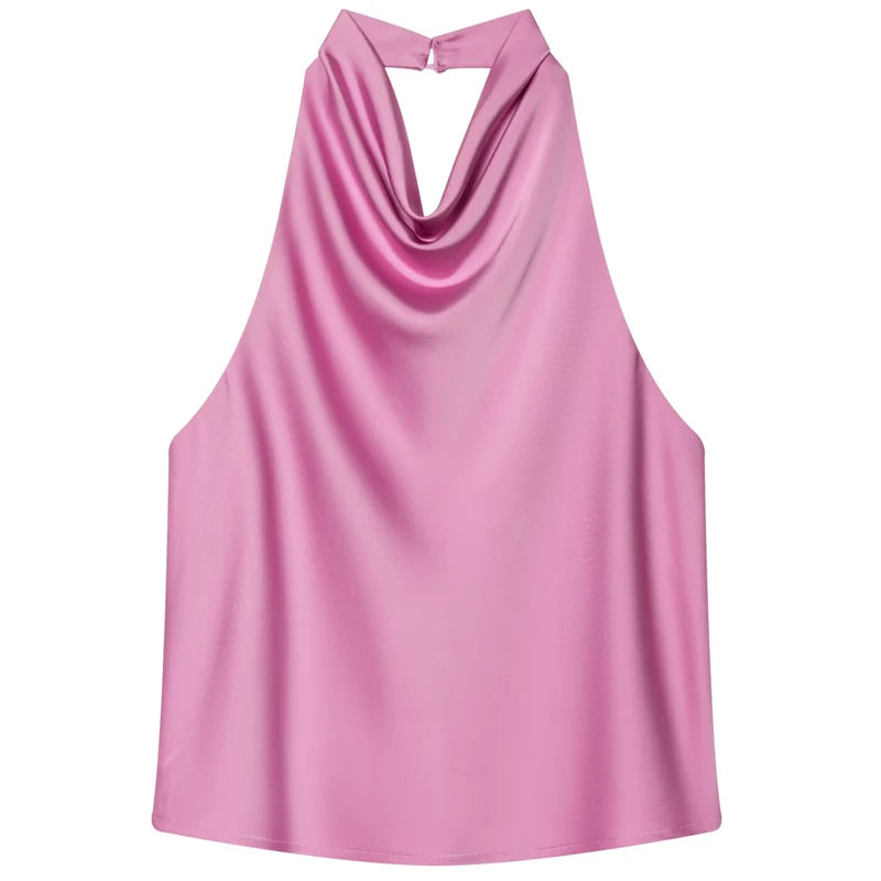 Satin Halter Sleeveless Open back Summer Top Off Shoulder