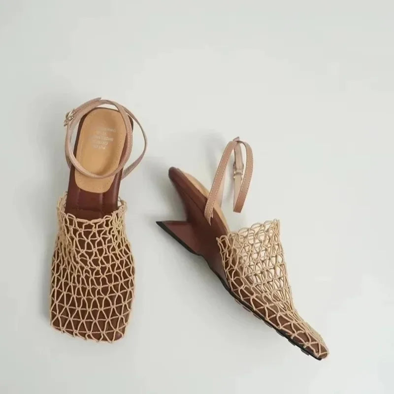 Luxury women's lace Mesh Fashion Sandals- Square Toe Shallow Narrow Strap Braided Slip-on High Heels Sandals