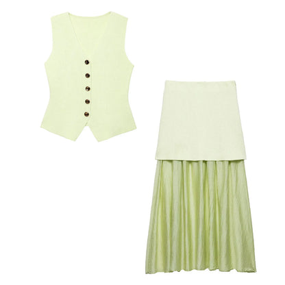 2 Piece Set Chic V-Neck Sleeveless Button Knitted Vest Top + Splicing High Waist Ankle-Length Skirt