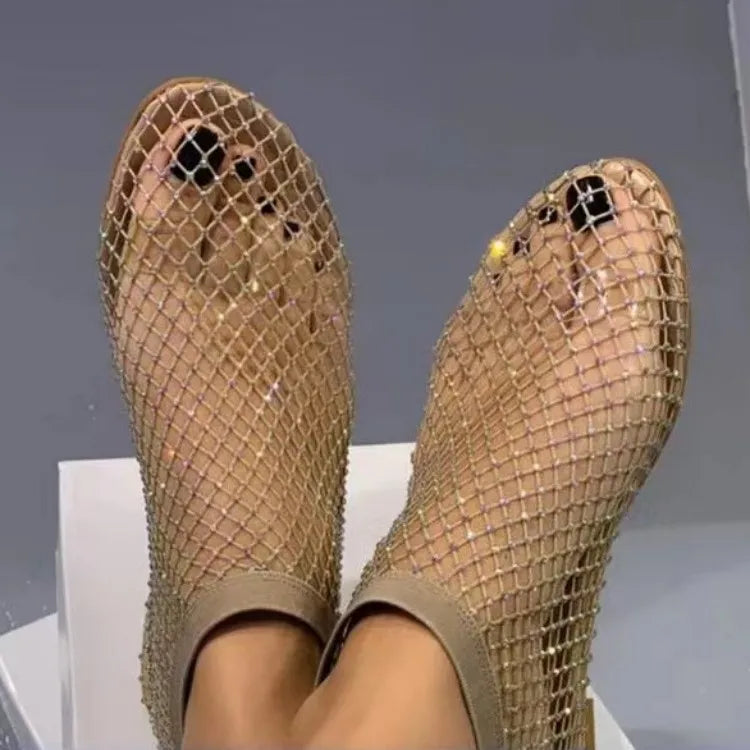Round Toe Flat Bottom Sandals Hollow Short Boots Diamond Sexy Flat Bottom Shoes