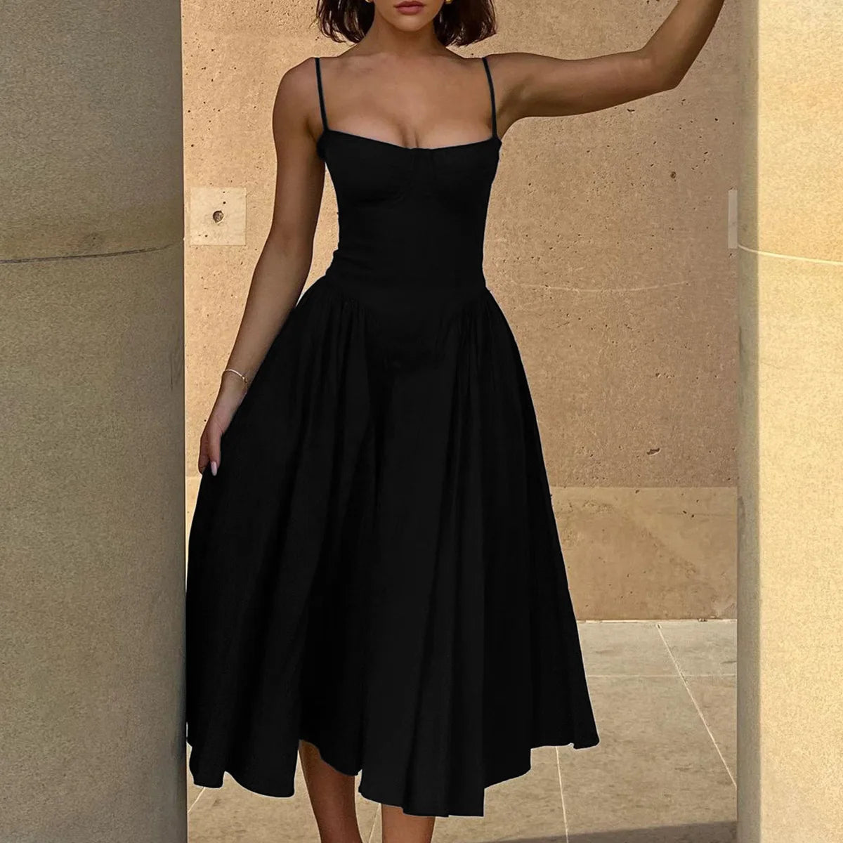 Sweetheart Spaghetti Strap  Fit and Flare Elegant Midi Dress