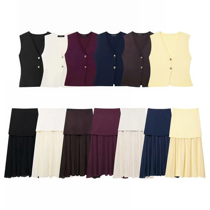2 Piece Set Chic V-Neck Sleeveless Button Knitted Vest Top + Splicing High Waist Ankle-Length Skirt