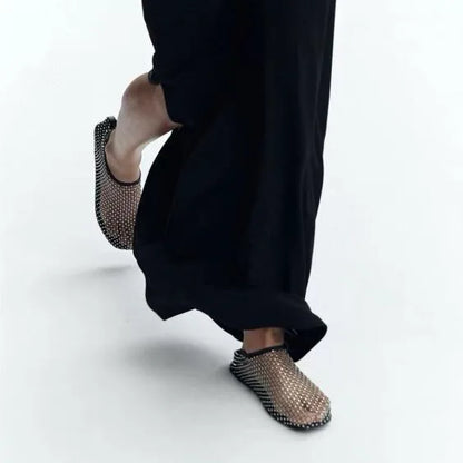 Round Toe Flat Bottom Sandals Hollow Short Boots Diamond Sexy Flat Bottom Shoes