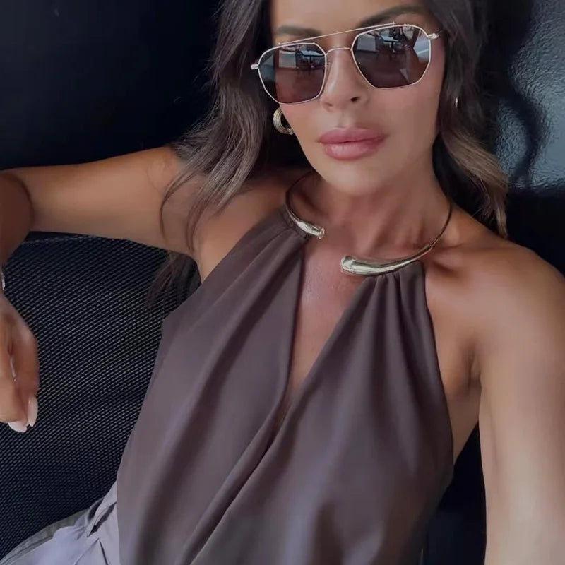 Sexy Jewel Halter Draped Backless Bodysuit