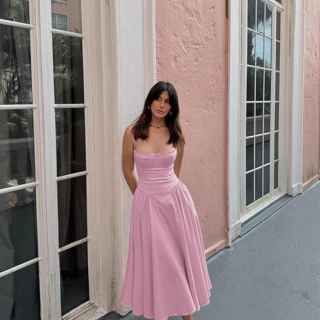 Sweetheart Spaghetti Strap  Fit and Flare Elegant Midi Dress