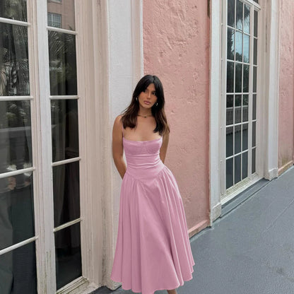Sweetheart Spaghetti Strap  Fit and Flare Elegant Midi Dress