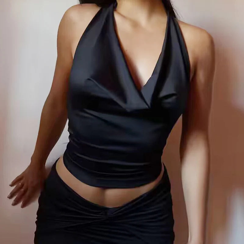 Satin Halter Sleeveless Open back Summer Top Off Shoulder