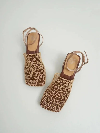 Luxury women's lace Mesh Fashion Sandals- Square Toe Shallow Narrow Strap Braided Slip-on High Heels Sandals