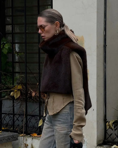 Chic Brown Sleeveless Faux Fur Vest Women's Casual Loose Fit