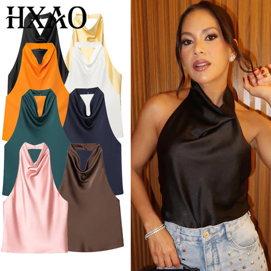HXAO 2025 Women Satin Halter Top Summer Black Yellow Tanks & Camis Off Shoulder Crop Tank Top Fashion Sleeveless Backless Vests