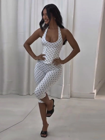 Chic Polka Dot Pants Set Women Halter Lace Up Sleeveless Backless Vest Hip Package Skinny Pants 2026 New Lady Y2K 2 Pcs Outfits