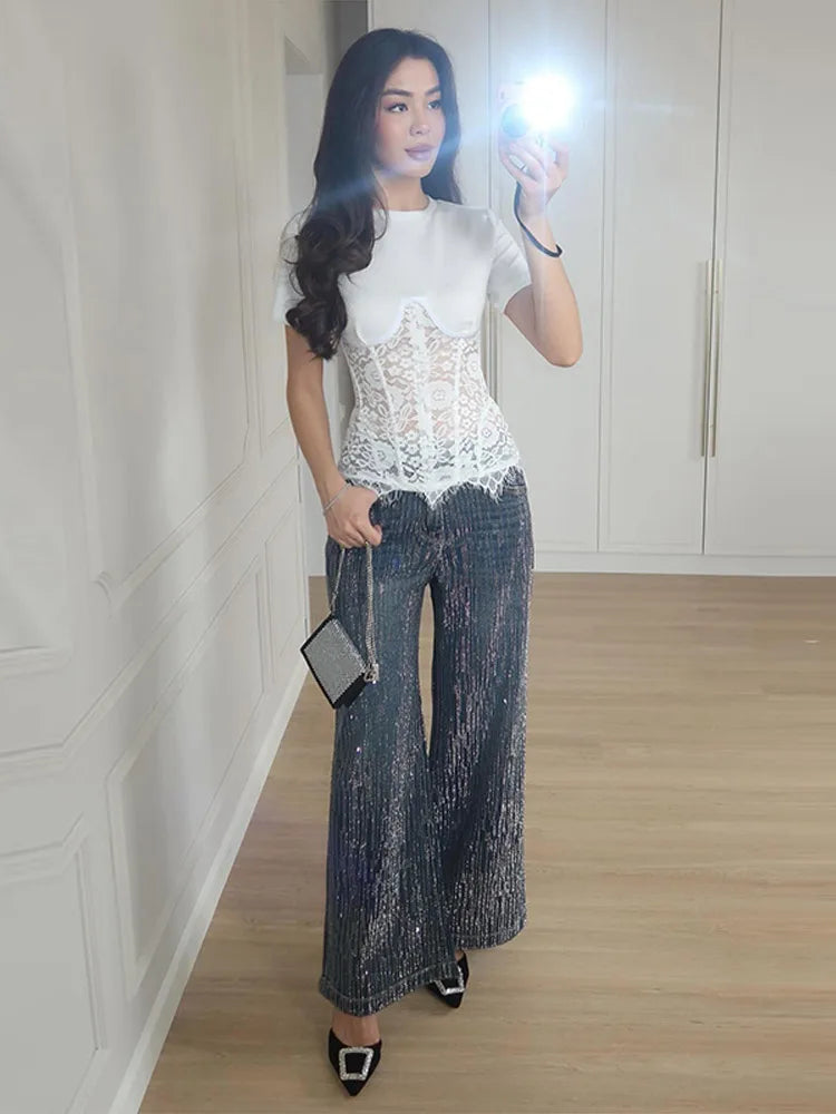 Fashion Floral Lace Fish-bone Patchwork Shirts For Women 2026 Spring New Chic Short Sleeve O-neck Blouse Lady Street Y2K Tops