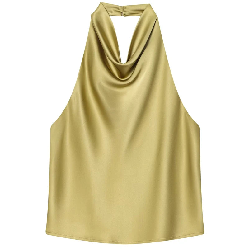 Satin Halter Sleeveless Open back Summer Top Off Shoulder