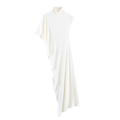 Short-Sleeve High-Neck Asymmetrical Pleated T shirt