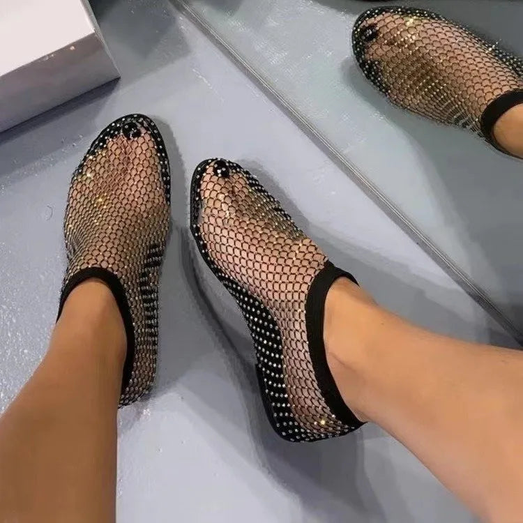 Round Toe Flat Bottom Sandals Hollow Short Boots Diamond Sexy Flat Bottom Shoes