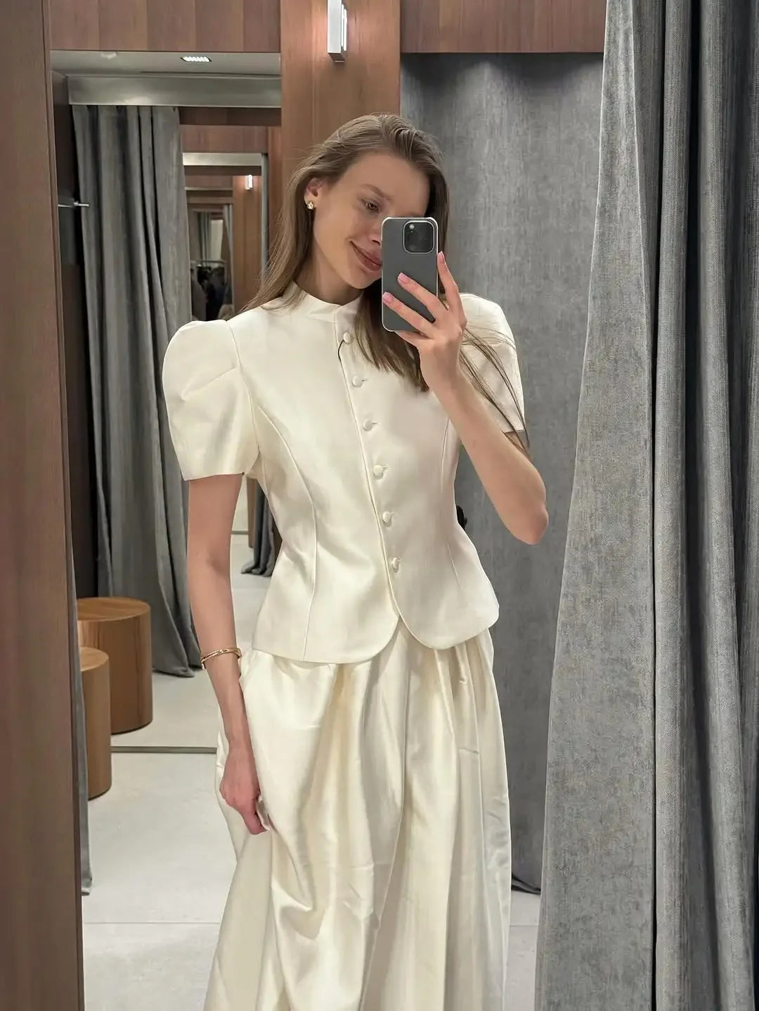 Solid Satin Round Neck Waist Cincher Shirt Slim Short Puffer Sleeved Single Breasted Tops 2026 Spring Women Elegant Blouses