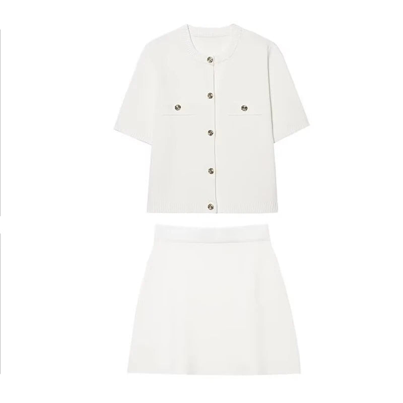 Knitted Skirt Suit Crew Neck Single-Breasted Short Sleeve Top+Fashion Elegant Elastic Waist Mini Skirt