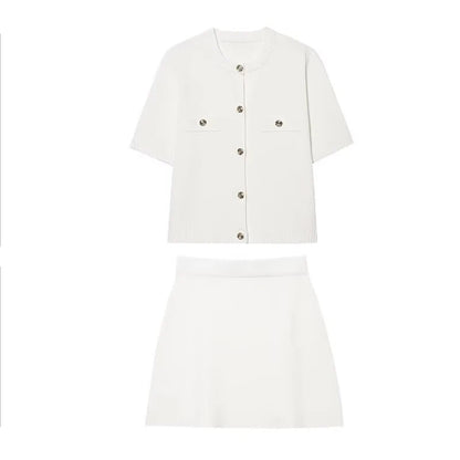 Knitted Skirt Suit Crew Neck Single-Breasted Short Sleeve Top+Fashion Elegant Elastic Waist Mini Skirt