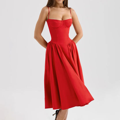 Sweetheart Spaghetti Strap  Fit and Flare Elegant Midi Dress