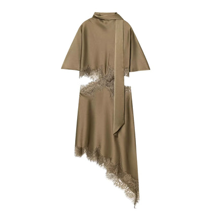 Asymmetrical Lace Trim Midi Dress with Side Slit & Matching Scarf