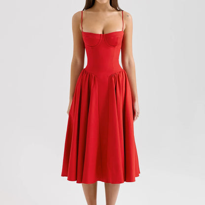 Sweetheart Spaghetti Strap  Fit and Flare Elegant Midi Dress