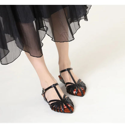 Sandals Summer Low Heel Ankle Strap Buckle Sandals Pointed Toe Hollowed Out T-strap Sandal