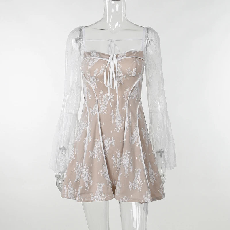 Elegant lace Mini Dress For Women Square Collar Long Sleeve Backless