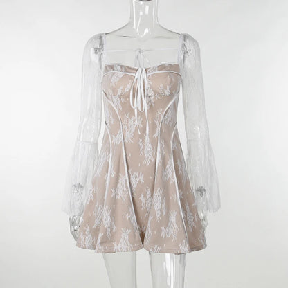 Elegant lace Mini Dress For Women Square Collar Long Sleeve Backless